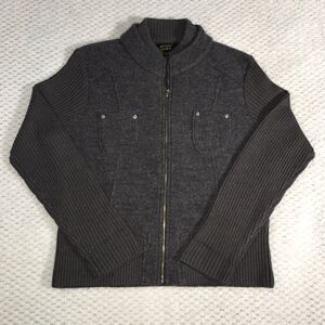 Wool jacket, ribbed sleeves and collar, zip up front, gray. Large.